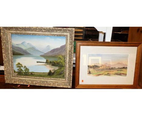 Nan Rains - North Country lake, oil on panel, signed lower right, 20 x 50cm; HRH The Prince of Wales - A  view in South of Fr
