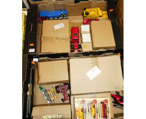 Two trays of modern release diecast, tinplate Tonka toys and farming models to include a Britains Massey Ferguson 595 tractor