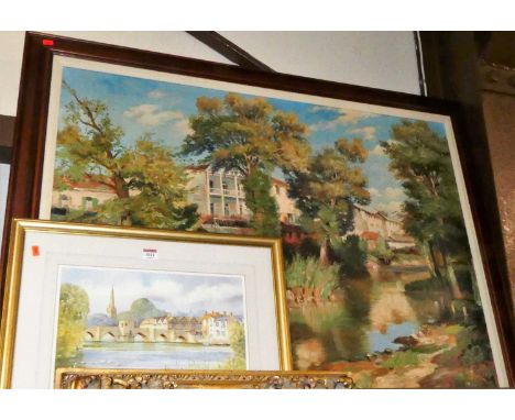 G Elosson - Continental river landscape, acrylic on canvas, signed lower right, 75 x 100cm; and K W Burton - St Ives, limited