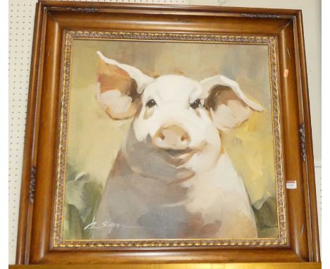 Ray Simonini (Chinese, 1981) "Piggy Portrait" oil on canvas, signed lower left, 59x59cm