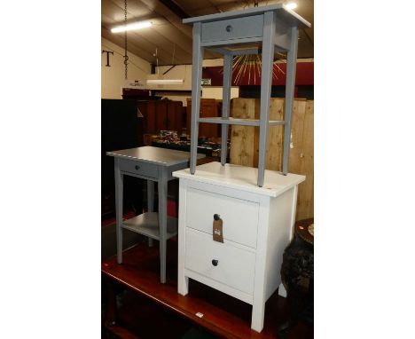 A pair of contemporary grey painted single drawer two tier lamp tables, width 46cm, together with a white painted two drawer 