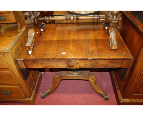 A 19th century rosewood and brass inlaid drop-flap pedestal sofa table, having twin frieze drawers, raised on reeded and turn