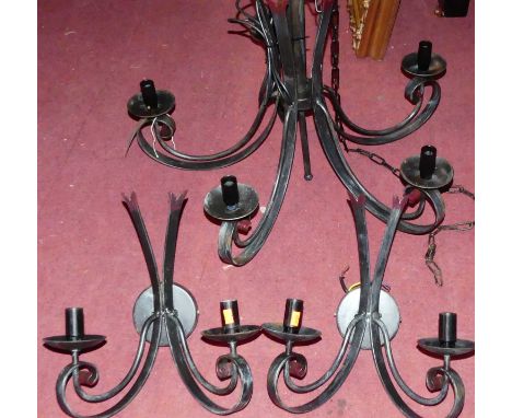 A black painted wrought iron five-light hanging electrolier; together with a pair of twin branch wall lights (3)