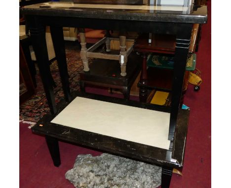 A contemporary veined marble topped and hardwood base console table, width 110cm together with a matching coffee table, width