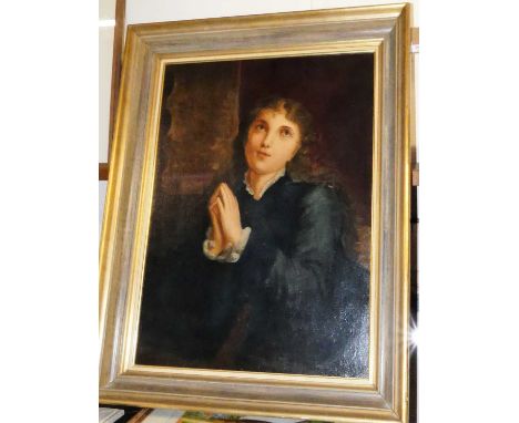 19th century English school - Half-length portrait of a young girl praying, oil on canvas (re-lined), 63 x 45cm 