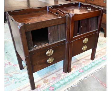 A George III mahogany tray-top commode with sliding tambour panel and square supports to/w later made to match example, 50 cm