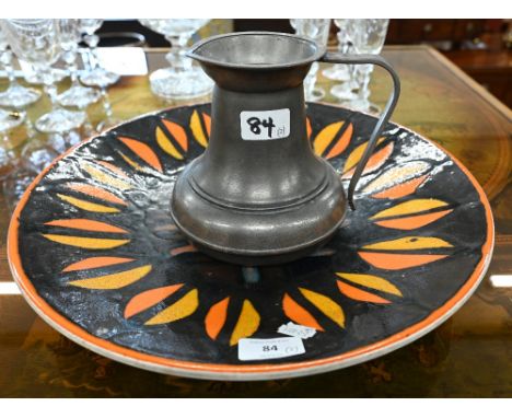 Poole Pottery charger with stylised floral/fruit design, 41 cm to/w a pewter jug (2) 
