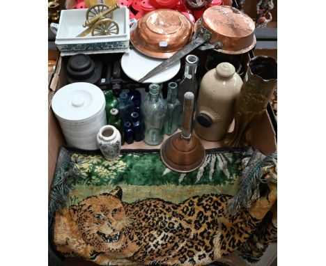 Trench Art - ordnance shell-case brass vase to/w various vintage glass bottles, scales, copperware etc (box) 