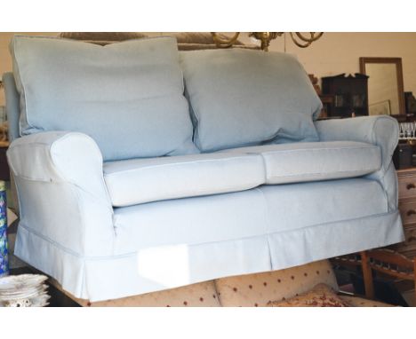 A Multi-York two-seater scroll arm sofa with powder blue herringbone loose covers, 170 cm wide x 90 cm deep x 100 cm high 