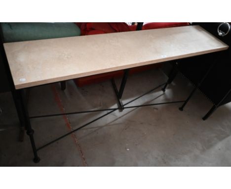 A contemporary console table with travetine top on dull black finished steel base, 160 cm wide x 35 cm deep x 80 cm high 