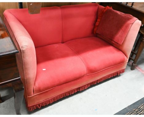 A small Edwardian two seater sofa with red fabric upholstery, 120 cm wide x 68 cm deep x 72 cm high 