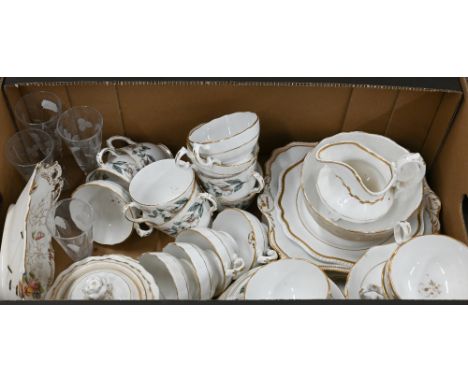 Victorian china part tea service, four antique ale glasses etched with hops and barley and a Crown Staffordshire floral print