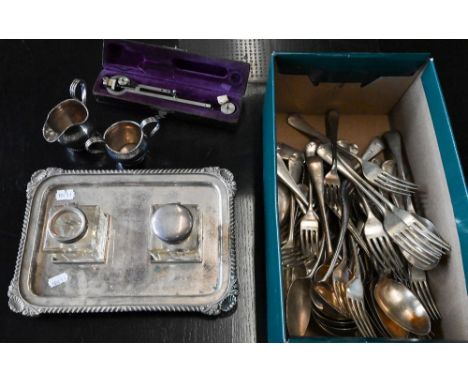 19th century plated on copper cream and sugar pair, to/w an epns inkstand, various flatware and a cased vintage planimeter 