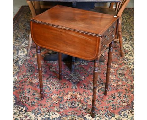 A Victorian mahogany drop leaf two drawer occasional table raised on slender ring turned legs, a/f, 36 cm (closed) x 50 cm de