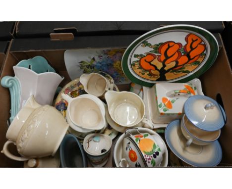 Wedgwood Clarice Cliff design plate (Bradford Exchange), Poole Pottery Art Deco wall pocket and other decorative ceramics (bo