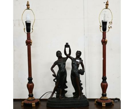 Pair of tall pillar table lamps, 70 cm high to/w a lamp-base cast as two female figures (3) 