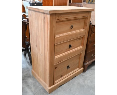 A modern pine three drawer tall boy chest with ring handles, 74 cm wide x 48 cm deep x 104 cm high 