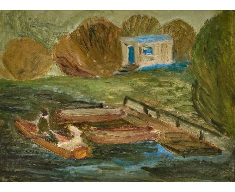 ALEXANDER CAMARO (1901 Breslau, Polen  - 1992 Berlin) BootsverleihÖl auf Hartfaserplatte. 1946.28,5 x 38 cm. Unten rechts mit