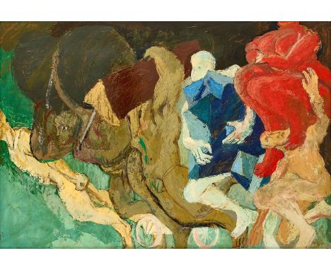 WOLFGANG FRANKENSTEIN (1918 – 2010, Berlin) "Träger und Lasten"Öl auf Hartfaserplatte. 1983.Unten rechts mit Pinsel in Braun 