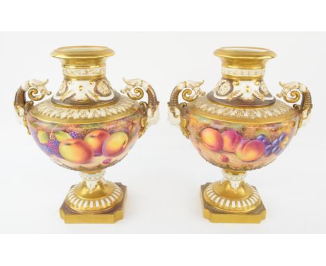 Pair of Royal Worcester twin-handled vases painted with fruit, one by P. Platt, the other S. Weston, 22.5cm high, (lacking co