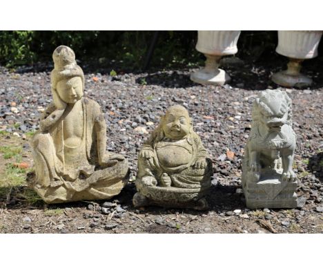 Two reconstituted stone Buddhist figures, another of a Foo Dog and a garden light (4)