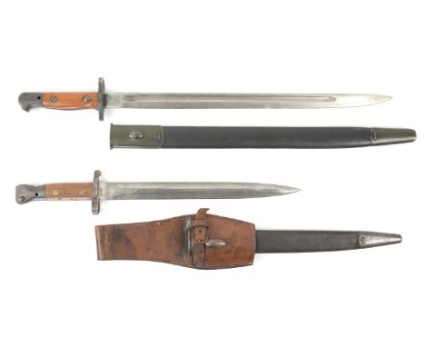 British Pattern 1888 Bayonet by Mole with scabbard and leather frog and a Pattern 1907 bayonet with leather scabbard