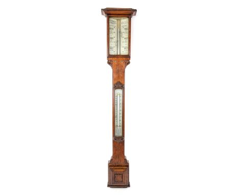 Victorian oak stick barometer, the glass scale inscribed J.H. Steward, 456 West Strand (etc) London, with thermometer and squ