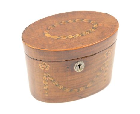 George III fiddle back mahogany single compartment tea caddy of oval section with inlaid swag decoration, h10.5 x w12.5 x d7c