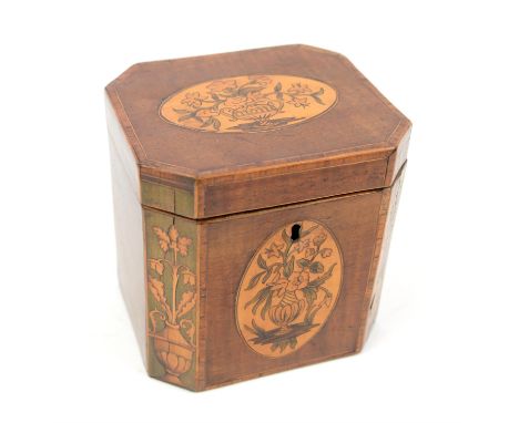 George III satin mahogany single compartment tea caddy with inlaid floral marquetry decoration and canted corners, h12 x w11.