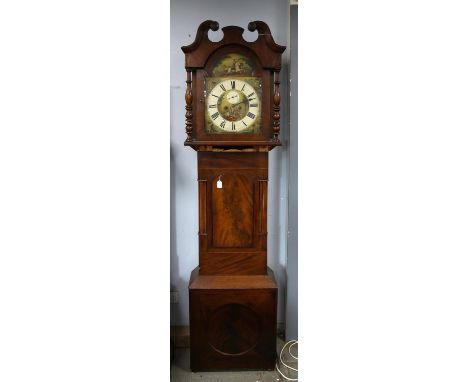 19th century mahogany eight day Yorkshire Longcase clock, the hood with swan-neck pediment and turned columns enclosing a pai