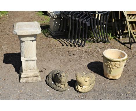 Reconstituted stone plinth by 'The Stone Studio' with rope twist stem, 74 cm high, 32 cm square, two reconstituted stone figu