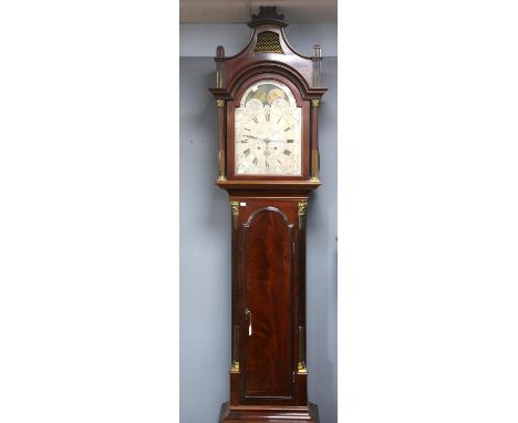 George III mahogany eight day longcase clock, the hood with brass fretwork top and stop fluted columns over a silvered dial w