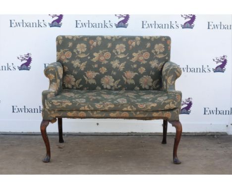 George II mahogany sofa, with upholstered upright back and scroll arms, on cabriole legs with pad feet, later parts, H96 W109