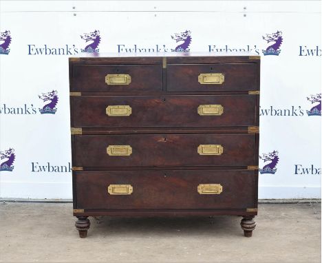 19th century mahogany and brass bound campaign chest, the two sections with recessed brass handles, with two short and three 