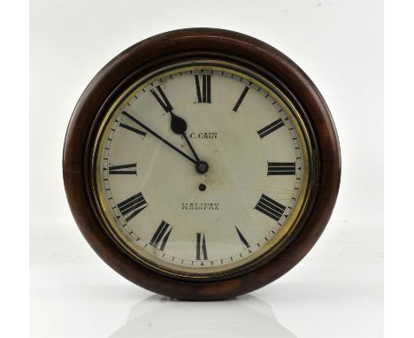 Mahogany cased single fusee wall clock the 31cm white enamel dial with Roman numerals, signed M. C. CAIN HALIFAXCondition Rep
