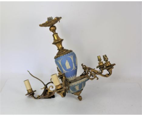 Gilt metal and blue jasper cameo five light chandelier 53cm dia. 49cm dropCondition Report:  Three cardboard candles missing.