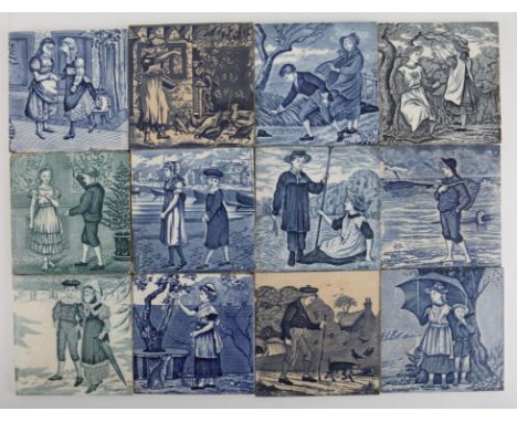 Matched set of twelve Wedgwood Old English blue and white tiles, with designs after Helen J.A. Miles, depicting the months of