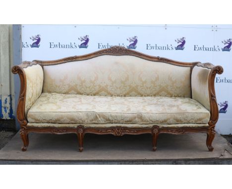 19th century French walnut sofa, with floral carving and moulded cabriole legs, H105 W205 D82 cm