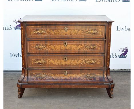 19th century Dutch marquetry commode with four long drawers, the marquetry with birds, urns, flowers and foliage, W103 x D55 