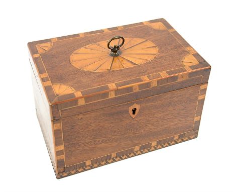 19th century mahogany tea caddy with inlaid shell and cross-banded decoration, re-fitted interior with two compartments and l