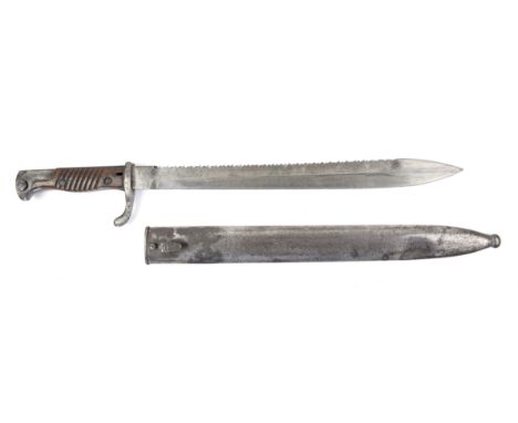 WW1 German Saw Back Butcher Bayonet marked Waffenfabrik Mauser AG dated W 16 complete with steel scabbard