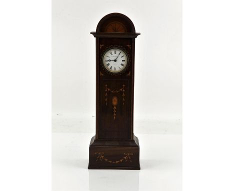 Early 20th century inlaid mahogany miniature longcase clock with white enamel dial, retailed by Mappin & Webb H38.5cm