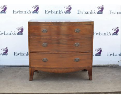 19th century mahogany bow fronted chest of three long graduated drawers on splayed bracket feet, h94 x w99 x d54cm,