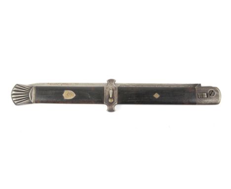 Late 19th early 20th century lock knife with etched blade and mounts, lever release and button lock, 24cm blade