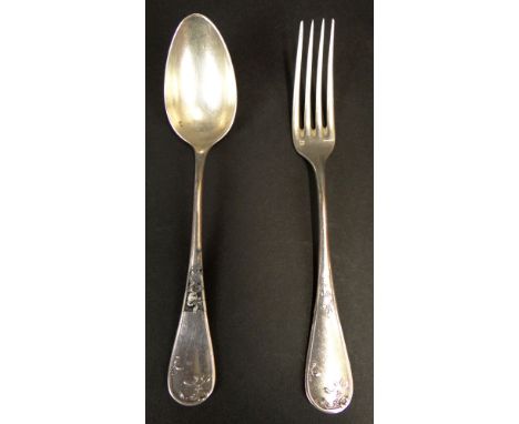 Two (2) Ercuis French Silver Plate Fork and Spoon in a Matching Pattern. Signed Ercuis Hallmark and a Centaur 60 Hallmark. Go
