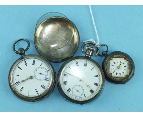 A gentleman's silver keyless open-face pocket watch, the white enamel dial with Roman numerals and seconds subsidiary, in eng