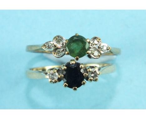 A sapphire and diamond ring with 9ct gold mount, size L and another set emerald and diamonds, size M, 2.9g, (2).