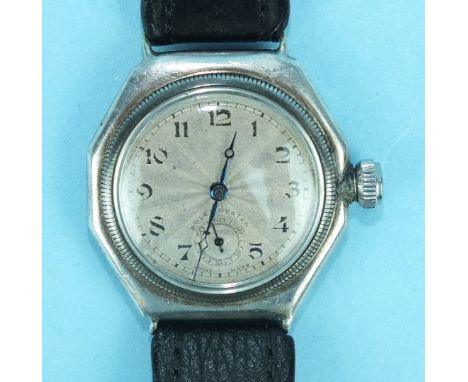 Rolex Oyster, a gentleman's silver-cased wrist watch c1920's, the silver engine-turned face with Breguet numerals and seconds