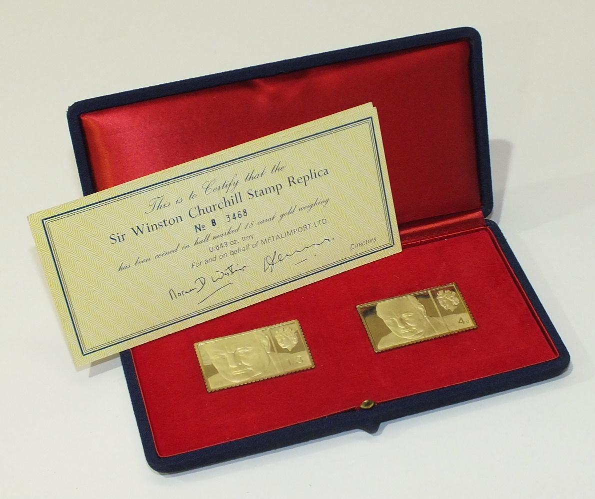 A cased set of two 18ct gold Sir Winston Churchill stamp replicas, 1965