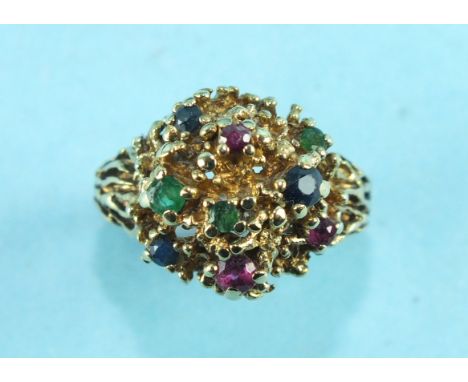 A 9ct gold cluster ring randomly-set sapphires, rubies and emeralds, size N, 5.3g.